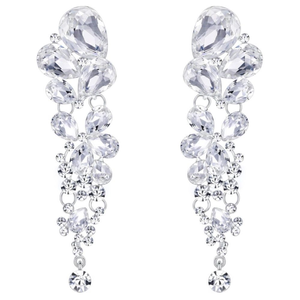 Silver with White Diamond Austrian Crystal Chandelier Statement Clip On Earrings